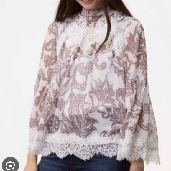LOFT Tops - LOFT Paisley Lace Blouse - White and Pink LG *F